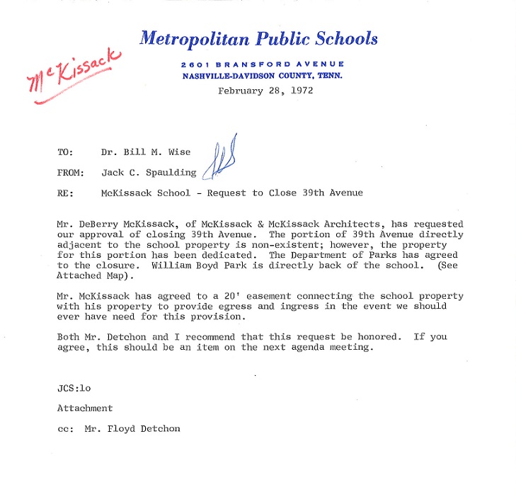 Letter reg. closing 39th Ave for the construction of McKissack Elementary School in 1972