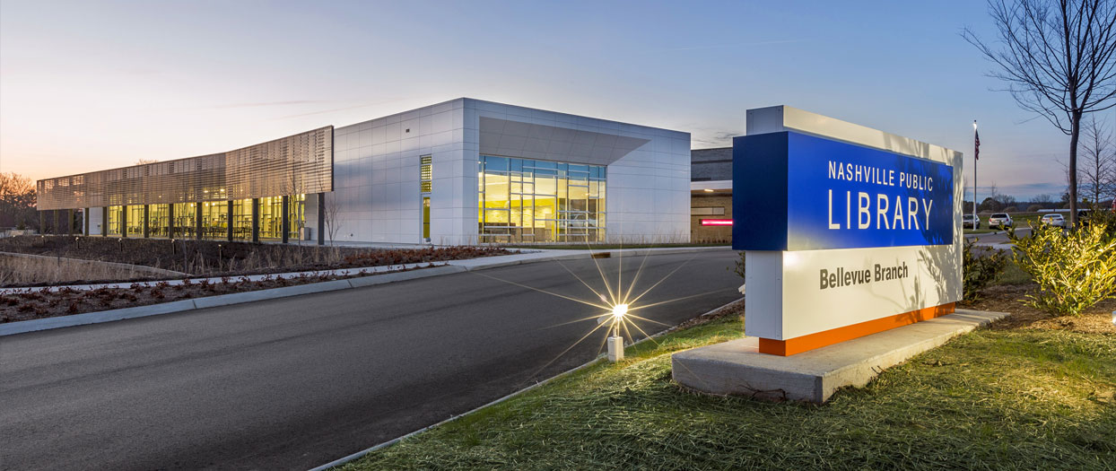 Bellevue Branch Library exterior at dusk