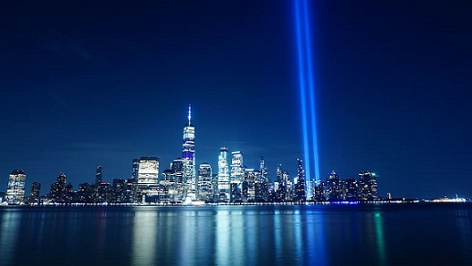 9/11 Memorial in NYC lit up for the Anniversary.