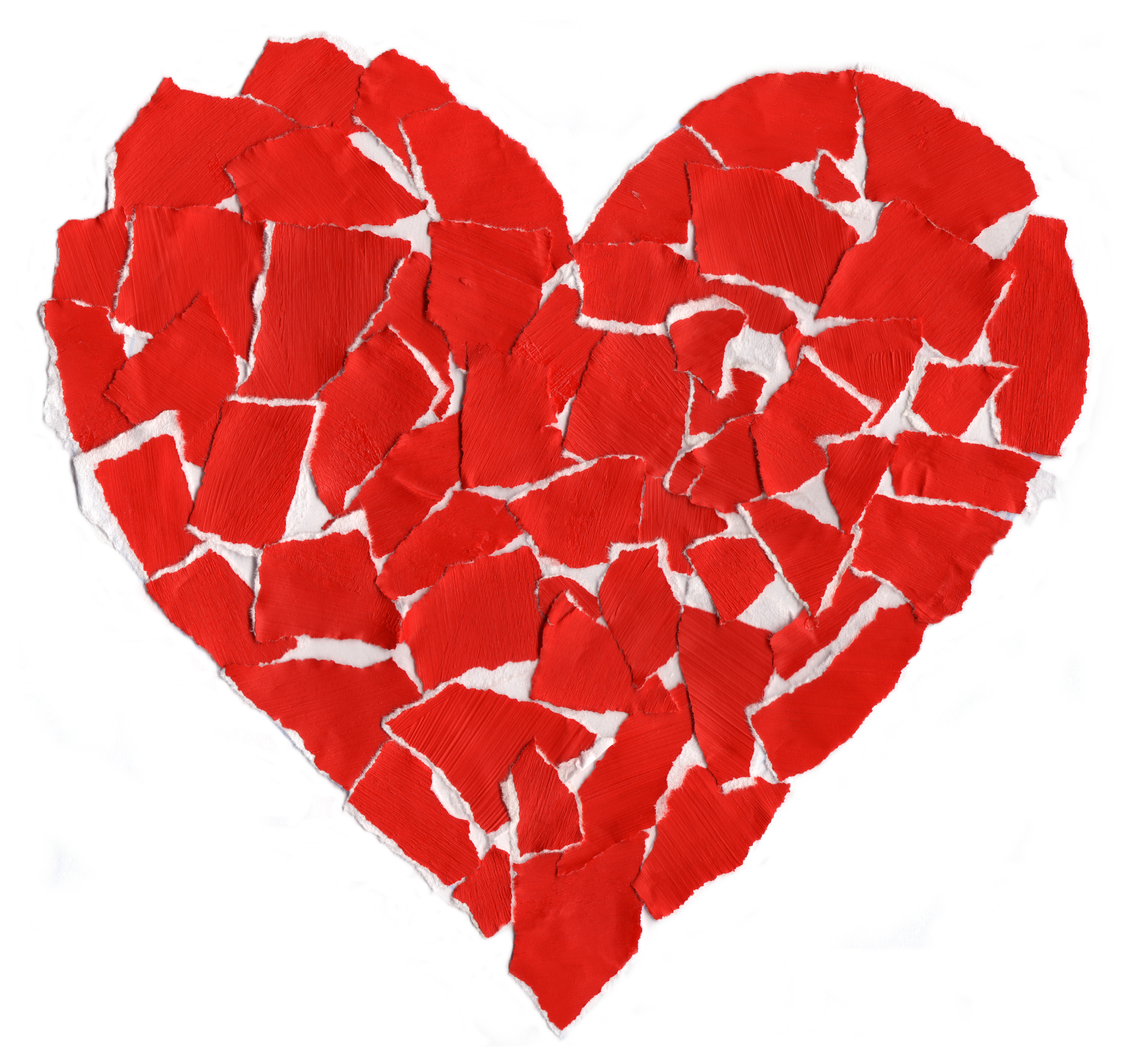 A red heart that has been ripped up and the pieces put back together