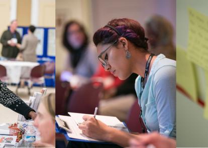 woman studying, woman at an information fair, post-it notes on brainstorming wall