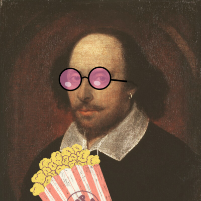 William Shakespeare wearing pink tint glasses, holding a bucket of popcorn.