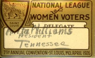 Name badge for Anita Williams, for the National League of Women Voters