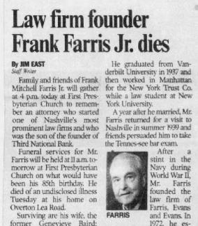 Tennessean clipping from September 28th, 2000 with Frank Farris, Jr.'s obituary