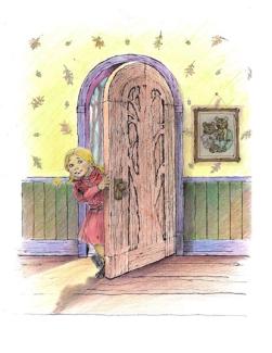 Drawing of a blonde girl peeking through a wooden door.