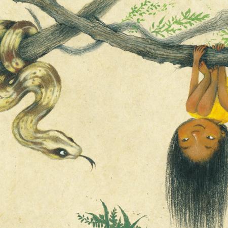 Little girl hangs upside own from a tree next to a boa constrictor