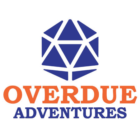 A D20 Dice with the text Overdue Adventures